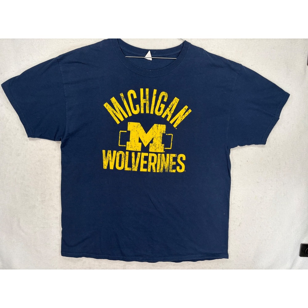Hanes Michigan Wolverines T-Shirt Navy Blue Distressed Graphic Tee XL